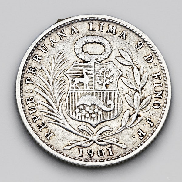 RARE 1901 JF Peru 1/5 Sol Coin, High Grade 900 Silver Coin, Low Mintage Republic of Peru Lima 1,5 Sol, Wreath Above Arms, Seated Liberty