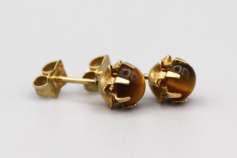 Tigereye Ball Stud Earrings Brown Gemstone Small Circle Earrings Round Semi Precious Stone Studs 14K Yellow Gold Tigers Eye Stud Earrings