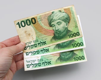 Lote de 3 billetes israelíes de 1000 shekels de 1983, papel moneda de Maimónides, para coleccionistas de moneda israelí.
