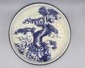 Antique 1900s Deep Bowl with Hand Painted Cranes Birds And Pine Tree, Blue And White Decorative Imari Arita Bowl, Folk Japan Asia Home Decor