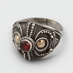Bali Garnet And sterling Ring Size 7, 925 Silver And Gold Gilt Ring, Pebbled Design Band Ring, Made In Indonesia, Balinese Granulated Silver