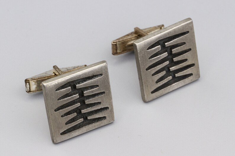 Signed BT Borje Tennung Sweden Modern Brutalist Square Cuff Links Scandinavian Mid Century Mod Jewelry Abstract Pewter Mens Cufflinks