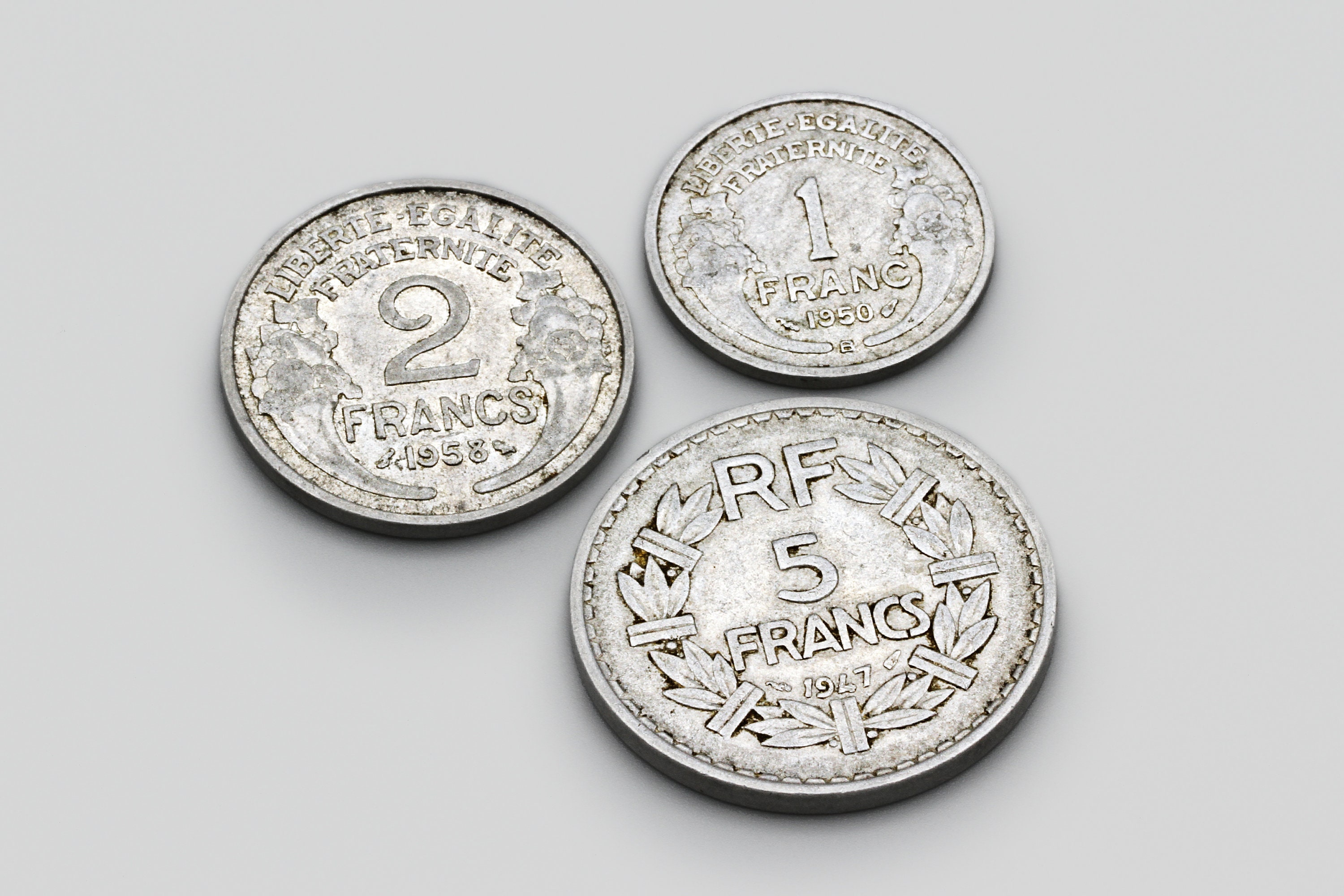 フランス硬貨3枚セット、1947年5フラン、1958年2フラン、1950年1フラン