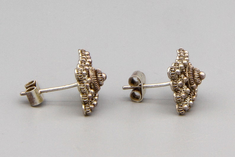 Small Rectangle Stud Earrings Ethnic Style Jewelry Etruscan Flowers Accents Sterling Post Earrings Baroque Floral Studs Handmade Jewelry