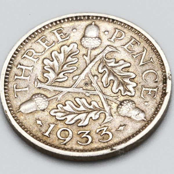 3 Pence King George V Coin 1933, United Kingdom 500 Silver Coin, Oak Sprigs With Acorns, Great Britain Quarter Shilling, Foreign Currency