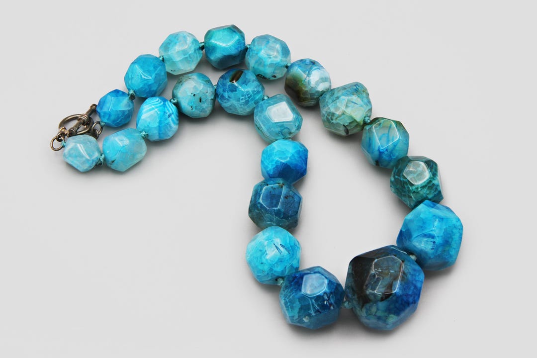 アクセサリー santaku gemstone necklace blown Faceted Dragon Vein Blue Agate Graduated Statement Necklace, LUC