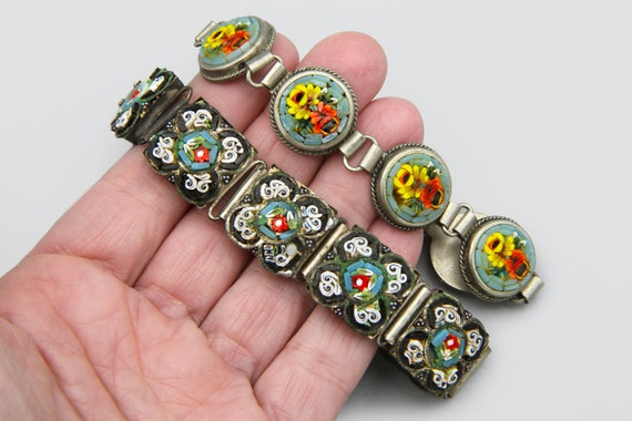 Pair Of Inlaid Micro Mosaic Bracelets, Floral Jewe