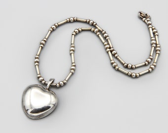 Collar colgante de ley de corazón hinchado, corazón de plata 925 en bolas y cadena de tubos, joyería de corazón, regalo para novia, colgante de corazón modernista