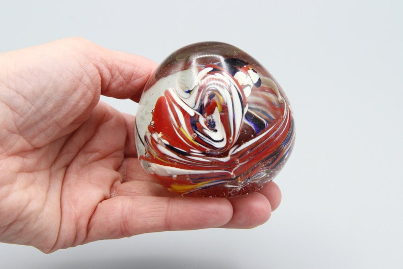 Swirl Storm Blown Glass Art, Red Blue and Yellow Glass Paperweight ...