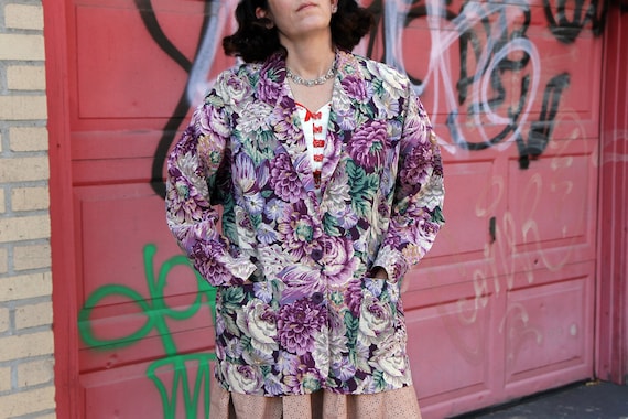 Laura Ashley Purple Floral Cotton Blazer, Vintage 1980s Tropical