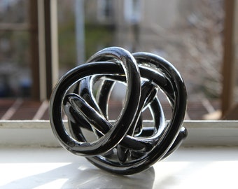 Large 5.5" Hand Blown Glass Knot Paperweight, Black And Clear Glass Rope Paperweight, Infinity Knot Sculpture, Knot Glass Paper Weight