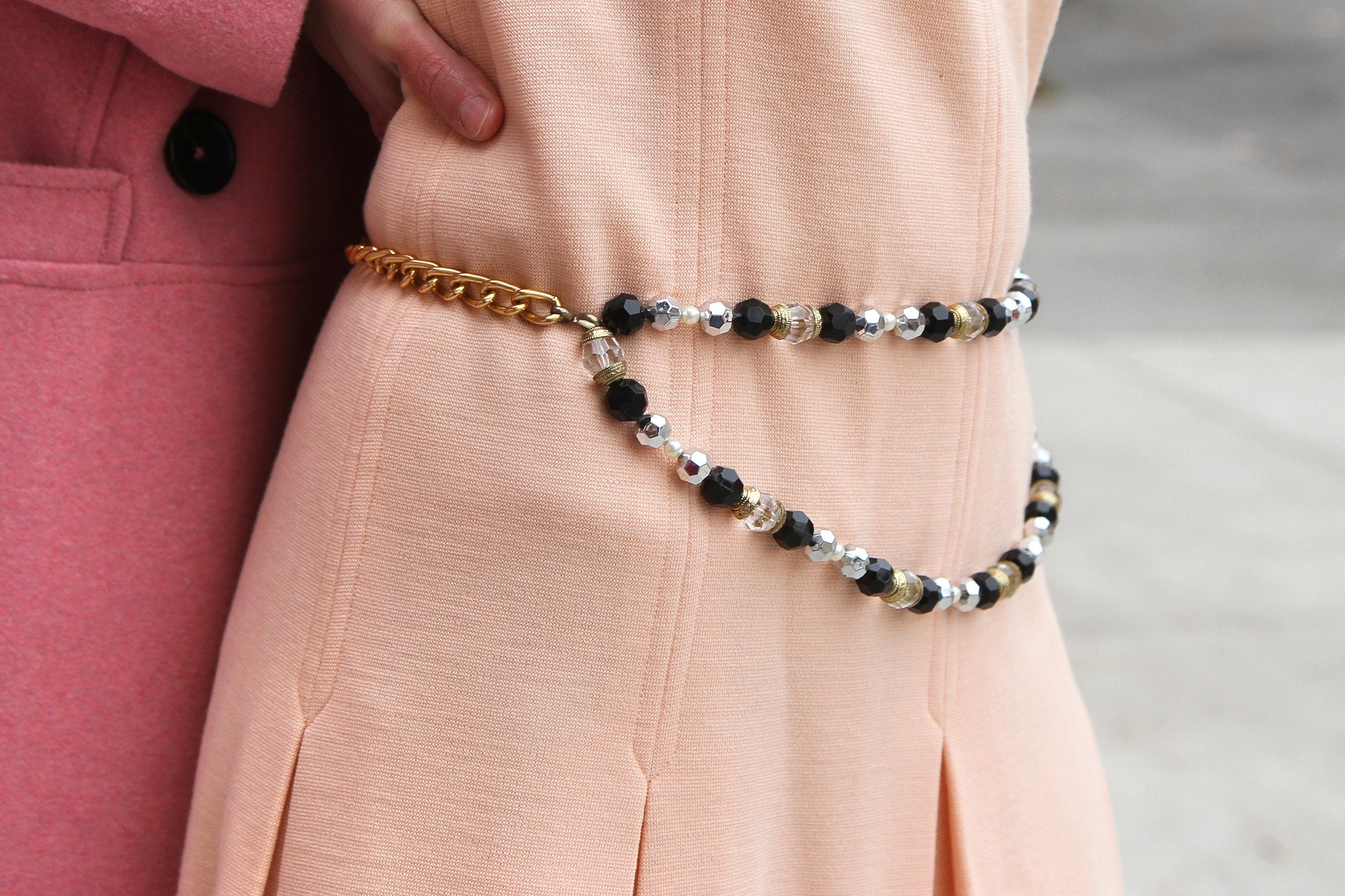 Chain Belt Gold Tone Metal Medallions and Black Pearl Gold Beads Adjustable Gold Chain Belt With Black Beads – Adjustable Waist Chain  main image 3