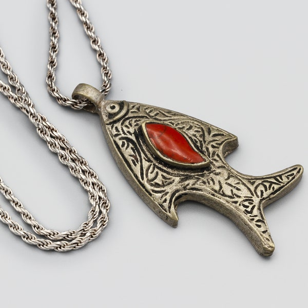 Turkmen Silver Metal Fish Pendant Necklace, Engraved Tribal Pendant With Red Coral, Italy 925 Silver Long Chain, Old Middle Eastern Jewelry