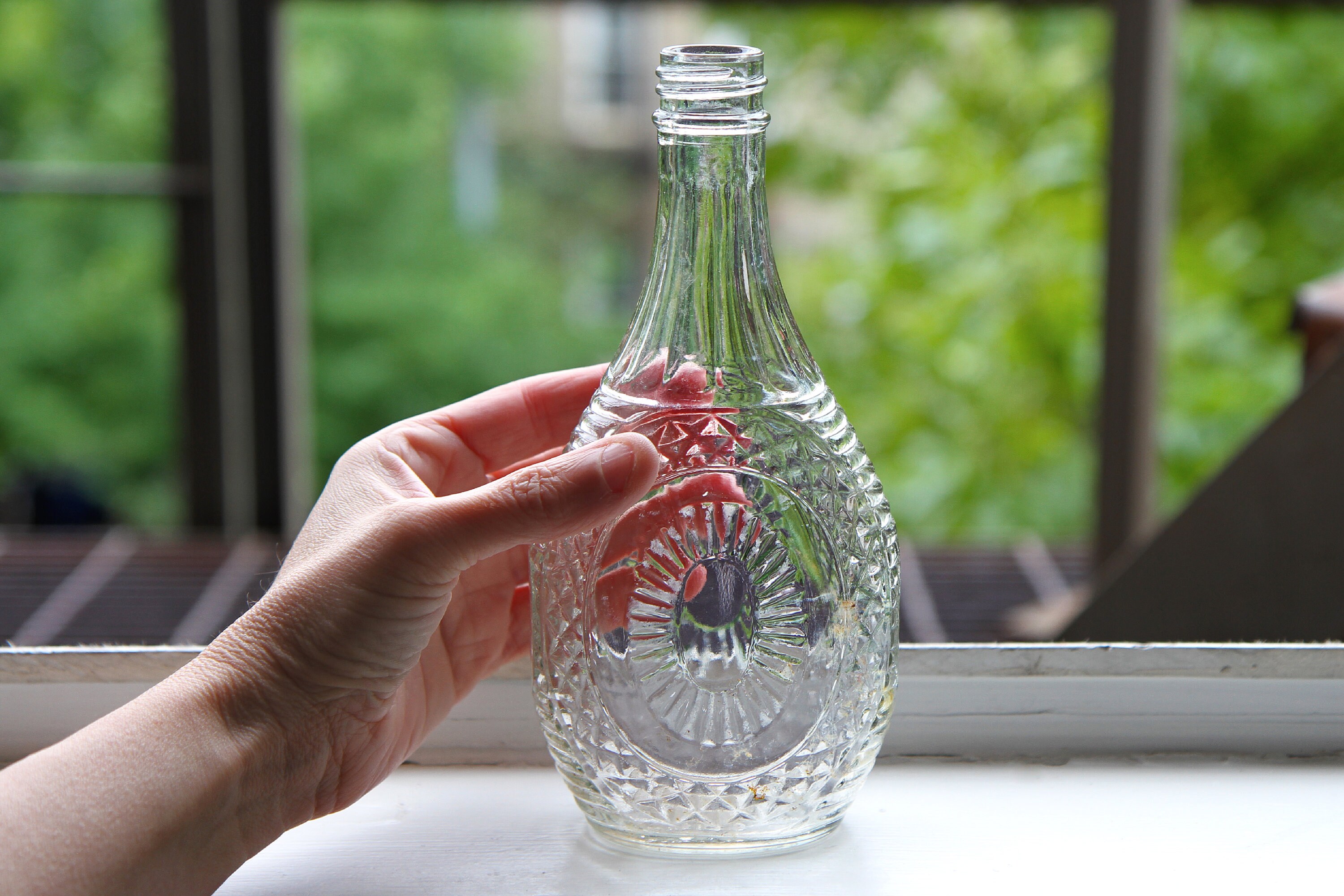 Antique Log Cabin Clear Glass Oval Bottle, Found in New York Antique Log Cabin Clear Glass Oval Bottle, Found in New York
