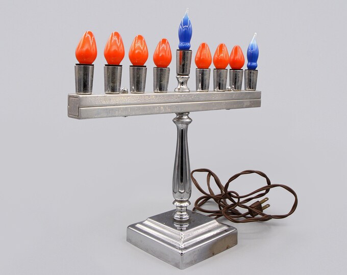 Large Silver Metal Jewish Menorah, Electric Hanukiah With Orange Light