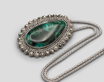 Jerusalem Israel Eilat Stone Pendant Necklace, Sterling Large Pendant Brooch Pin, 925 Silver And Filigree Pendant, Green Turquoise Pendant