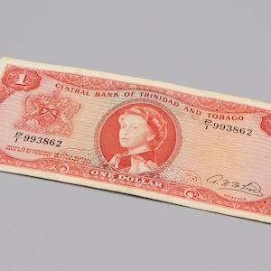 Vintage 1964 1 Dollar Trinidad And Tobago Paper Money, P26b One Dollar Note, Trinidad And Tobago Banknote, Old Currency Caribbean Banknote