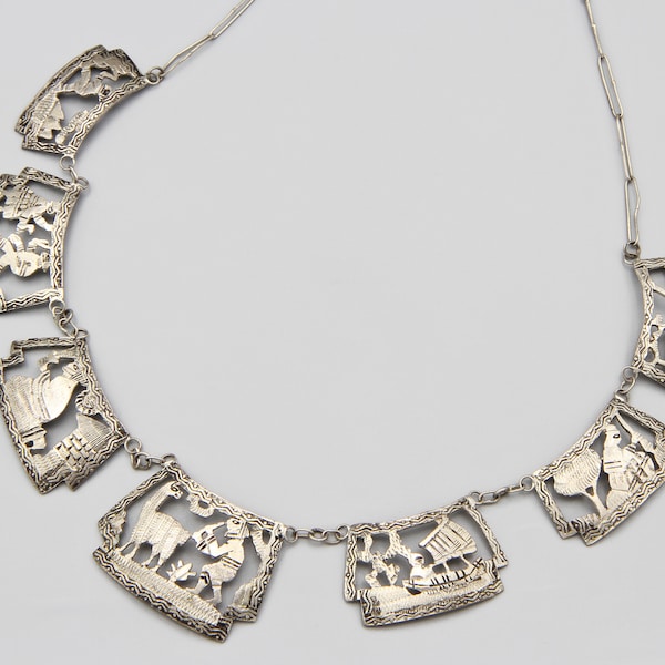 RARE Delicate 900 Silver Peru Storyteller Necklace, Folk Handcrafted 7 Panels Sterling Necklace, Antique 1940s Tribal Primitive Bib Necklace