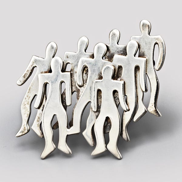 Crown of People grote broche, Sterling Mexico-pin, 925 zilveren gedurfde broche, Mexicaanse sieraden, vintage jaren 1980 figurale pin, modernistisch minimalistisch