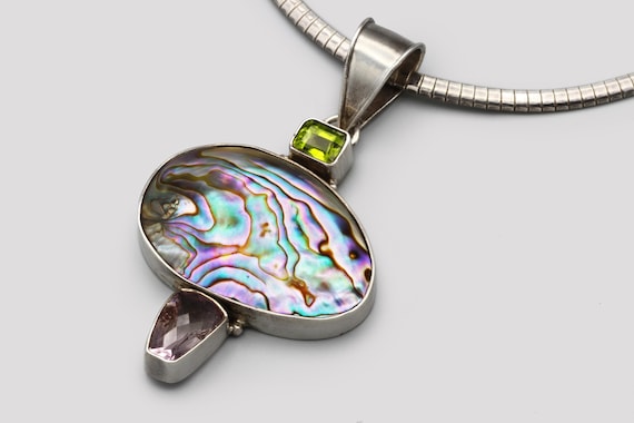 Sterling Multi Gemstone and Abalone Shell Pendant… - image 6