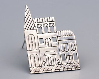 925 Sterling Silver Castle Brooch Pin, Etched Silver Architecture Large Brooch, Fairy Tale Jewelry, Fantasy Jewelry, Minimalist Building Pin