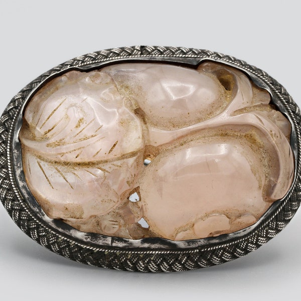 RARE Chinese Export Carved Rose Quartz Brooch, Antique 1900s Asian Jewelry, 925 Sterling Silver Braided Brooch, Large Pink Stone Brooch Pin