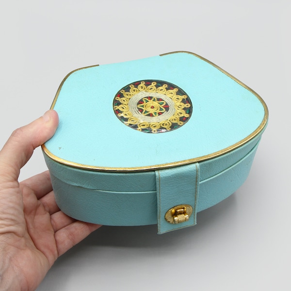 RARE Israel WM Vintage Vinyl And Yemenite Embroidery Box, Light Blue And Gold Jewelry Box, Retro 1950s Vanity Decor, Mid Century Accessories