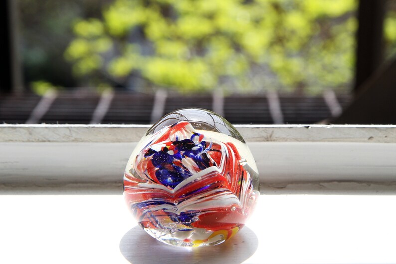 Swirl Storm Blown Glass Art, Red Blue and Yellow Glass Paperweight ...
