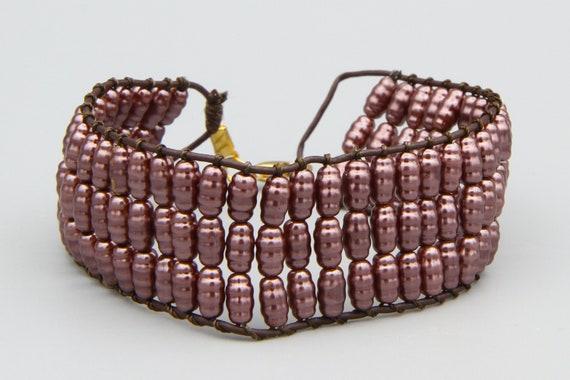 Marsala Purple Beaded Faux Pearl Bracelet, Vintag… - image 1