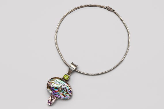 Sterling Multi Gemstone and Abalone Shell Pendant… - image 2
