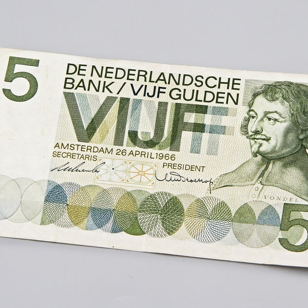 Netherlands 5 Gulden Banknote 1966, 5 Dutch Guilders, Dutch Writer Poet Vondel, Amsterdam Play house, Holland Currency Money, Foreign Money