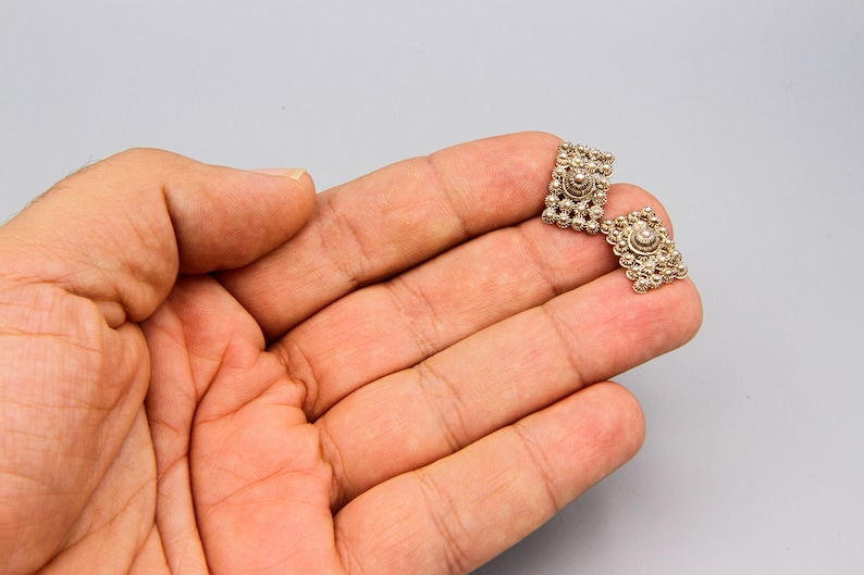 Small Rectangle Stud Earrings Ethnic Style Jewelry Etruscan Flowers Accents Sterling Post Earrings Baroque Floral Studs Handmade Jewelry