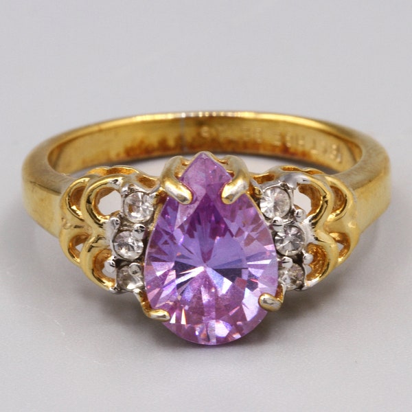 18kt Yellow Gold Plated Engagement Ring Size 9, Purple Lavender Cubic Zirconia SETA Gold Ring, Violet CZ Promise Ring, Pear Cut Purple Stone