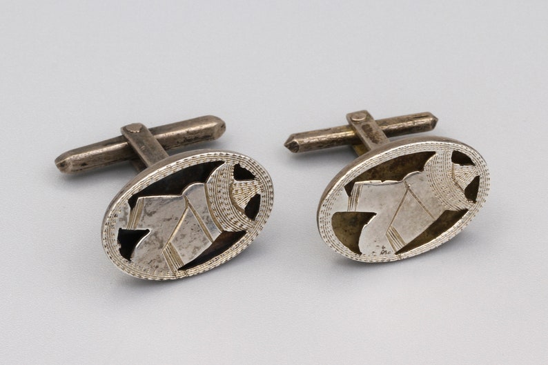 La Siesta Mexican Jewelry Southwestern Sterling Mens Cuff Links Man With Hat Handmade Cufflinks Taxco Pre Eagle CMS Shadow Box Cufflinks