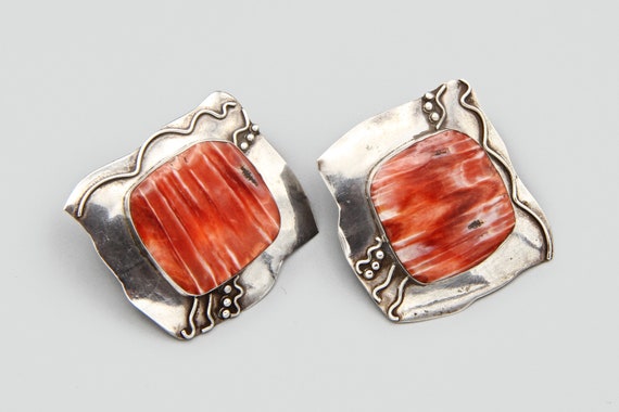 Red Striped Stone Large Diamond Earrings, Spiny O… - image 1