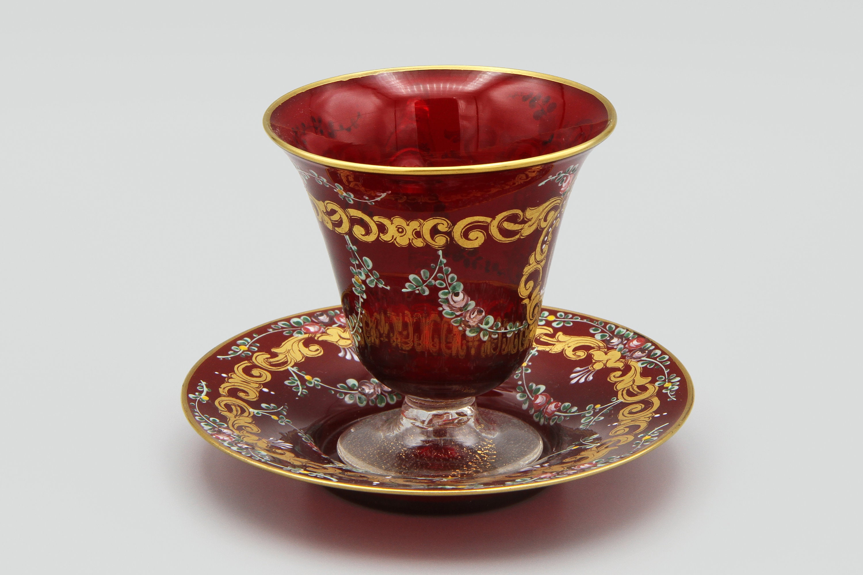 RARE Moser Salviati Venetian Murano Ruby Red Hand Painted Cup and