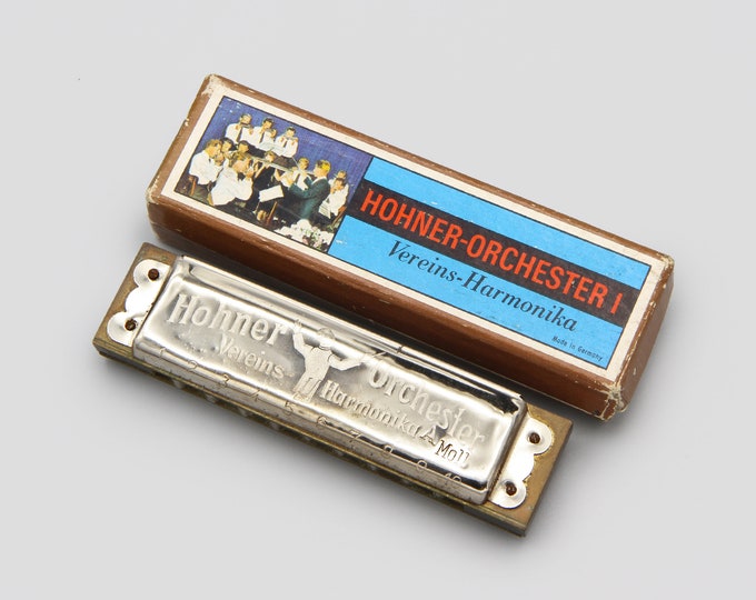 Vintage 1970s Working Hohner Harmonica Orchester I, Key of A Moll, with Original Box
