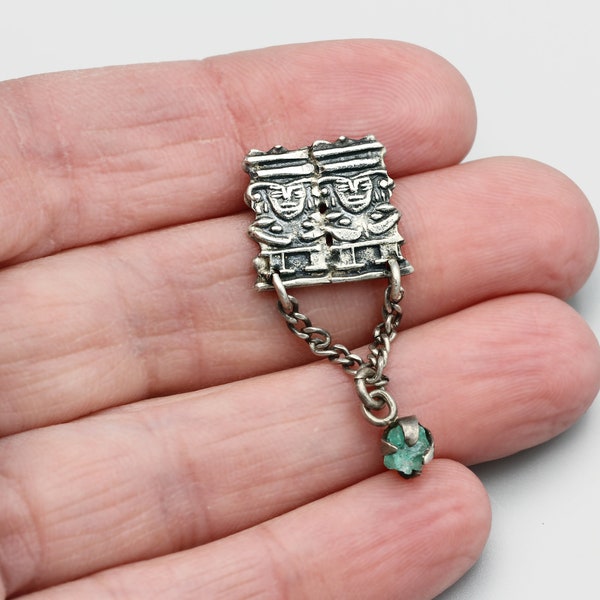 900 Silver Warrior Inca Figurine Pin, Colombia Sterling Miniature Brooch, Green Raw Emerald, Antique 40s Jewelry, Tribal Primitive Small Pin