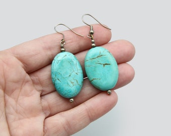 Large Oval Faux Turquoise Earrings, Southwestern Dangle Earrings, Folk Americana Cowgirl Jewelry, Native American Style Blue Green Earrings