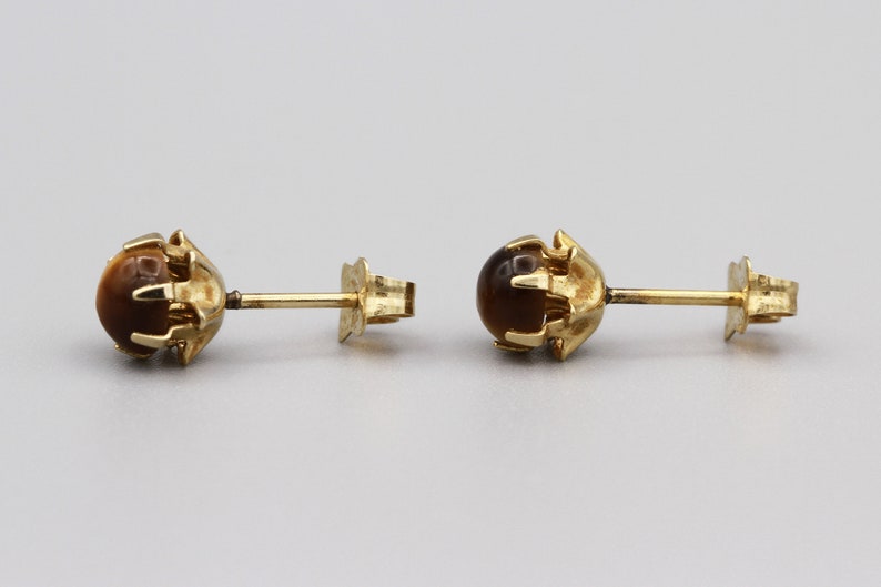 Tigereye Ball Stud Earrings Brown Gemstone Small Circle Earrings Round Semi Precious Stone Studs 14K Yellow Gold Tigers Eye Stud Earrings
