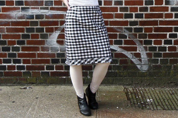 Black and White Buffalo Plaid Skirt, Pure Silk Kn… - image 1