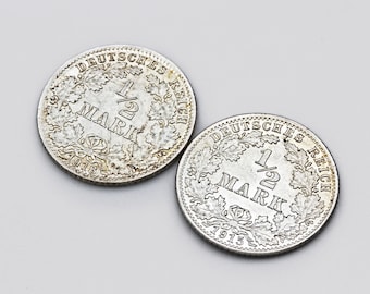 Par de monedas raras de medio marco alemán de 1915 J y 1918 D, moneda de plata 900, moneda de plata al 90% de Guillermo II, antigua moneda del Imperio alemán.