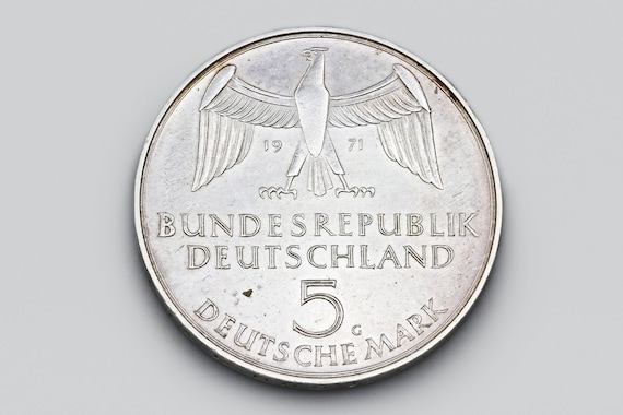 1971年ドイツ銀貨5マルク、5ドイツマルク硬貨、純度625の銀貨