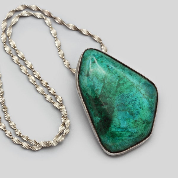 RARE collier pendentif en pierre moderniste Israël Eilat, grande broche pendentif en argent sterling, pendentif turquoise vert, bijoux juifs faits main