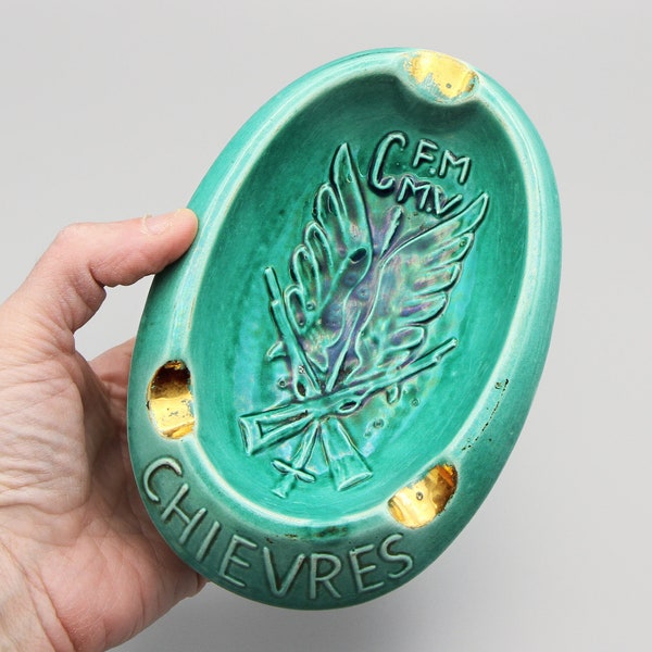 Cenicero de cerámica Chievres Bélgica, cenicero de cerámica esmaltada en color turquesa y oro, bandeja de ceniza de porcelana moderna de mediados de siglo, recuerdo turístico de Bélgica