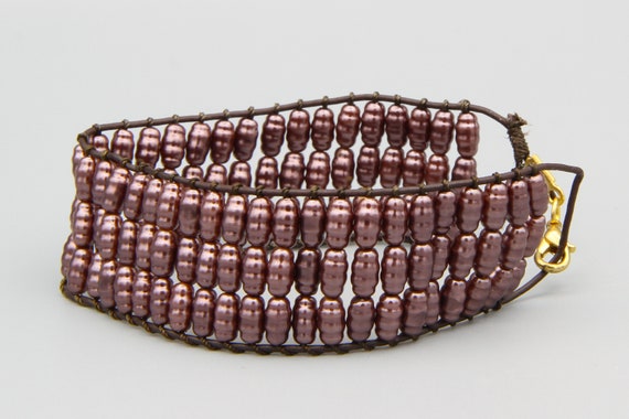 Marsala Purple Beaded Faux Pearl Bracelet, Vintag… - image 9