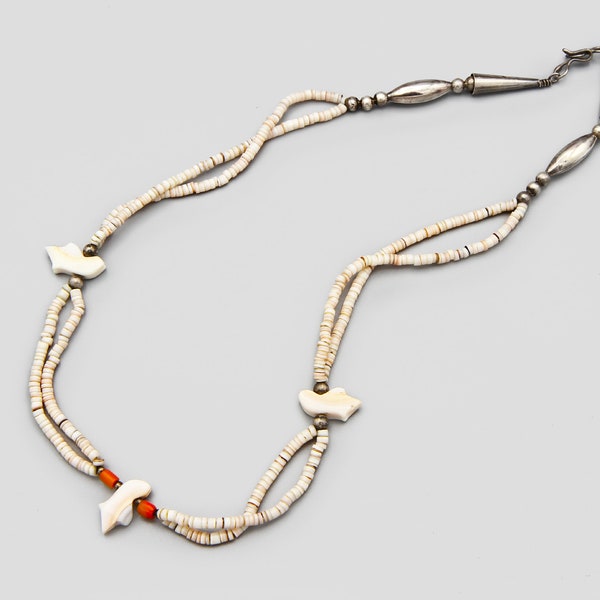 Sterling Beads And Shell Birds Beaded Necklace, Hand Carved Peyote Birds, 925 Silver Zuni Style Fetish Necklace, Heshi Shell And Coral