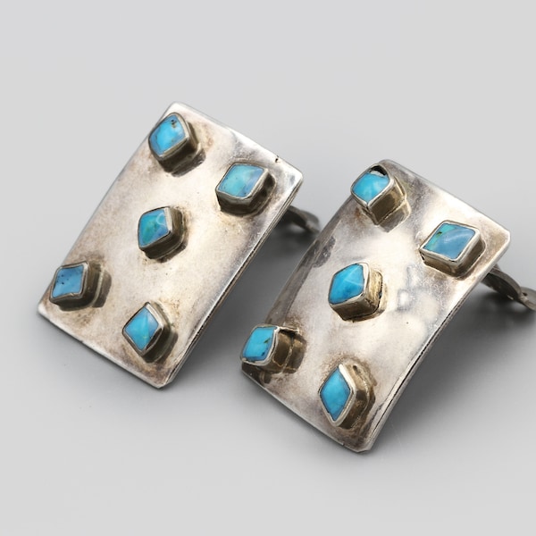 Southwestern Turquoise Sterling Clip On Earrings, Taxco Mexico Jewelry, Large Handmade 925 Silver Multi Stone Earrings, Blue Gemstone Inlay