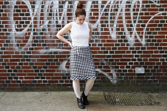 Black and White Buffalo Plaid Skirt, Pure Silk Kn… - image 6