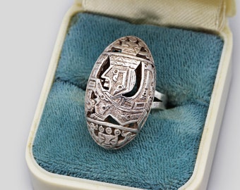 RARE Vintage Peruvian Sterling Ring Size 5, Marked Arte Orfebre SA IND Peruana, 925 Silver Storyteller Ring, Inca Aztec Style Warrior Ring